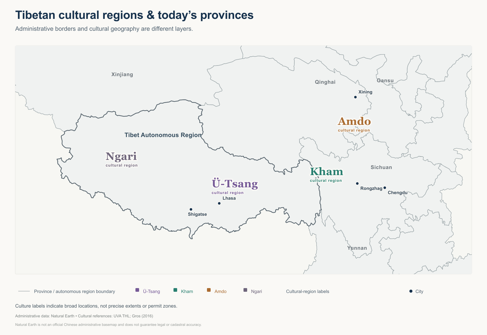 Map showing Natural Earth administrative province boundaries and approximate cultural-region labels for Ü-Tsang, Kham, Amdo and Ngari; the labels do not show precise cultural extents or permit zones
